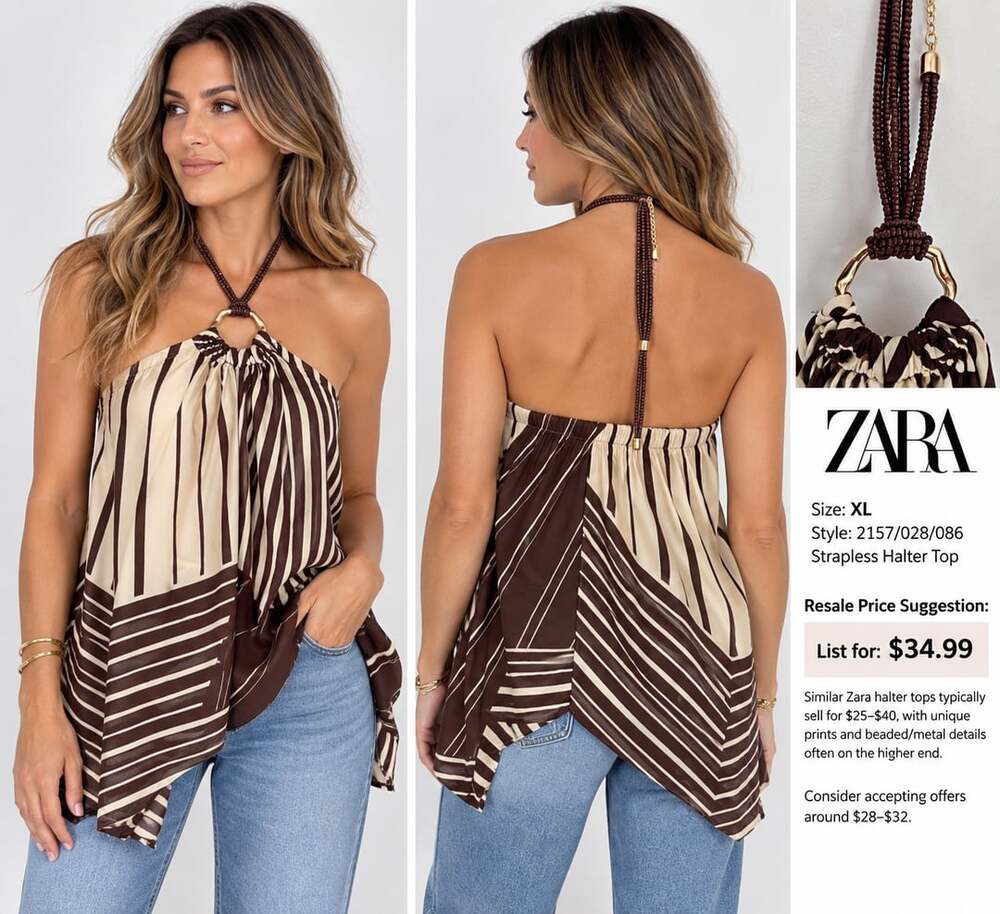 Zara Halter Top Size XL Brown Beige Striped Scarf Cami Backless